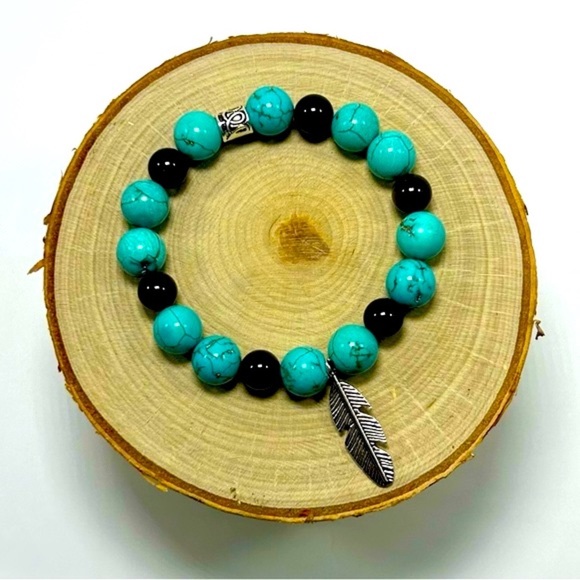 Handmade Feather Charm Bracelet with Natural Obsidian & Turquoise Stones! - Picture 4 of 5